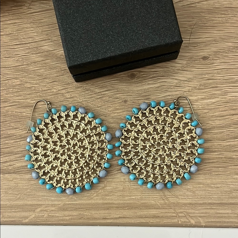 Gold and Blue Beaded Earrings